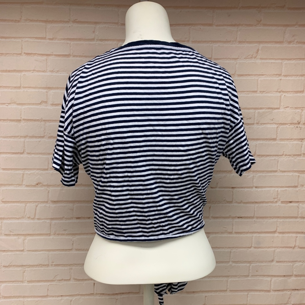 ZARA Navy White Striped T-Shirt Crop Tie Waist 👑 - Picture 6 of 8